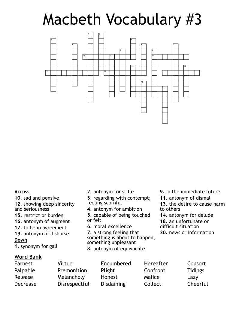 Macbeth Vocabulary #3 Crossword