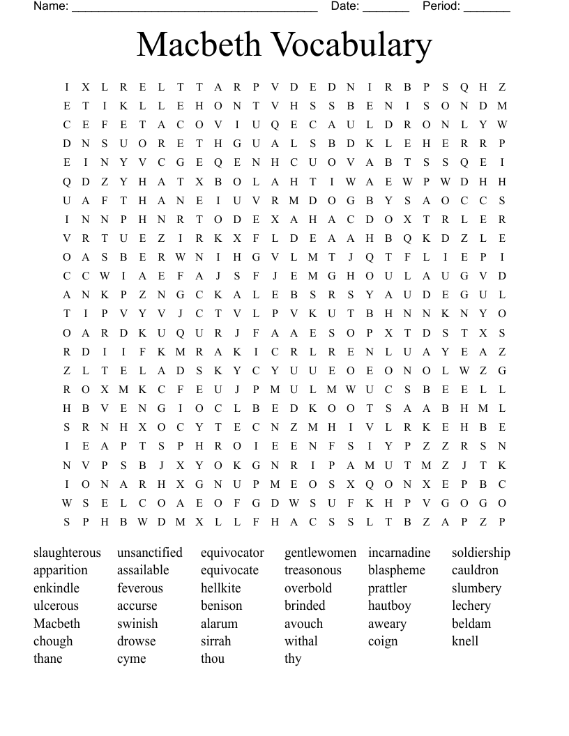 Macbeth Vocabulary Word Search