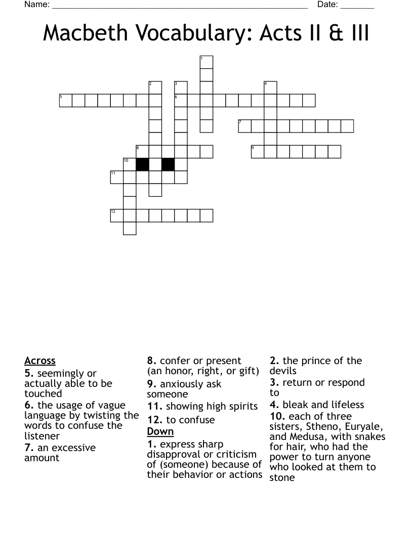 Macbeth Vocabulary: Acts II & III Crossword
