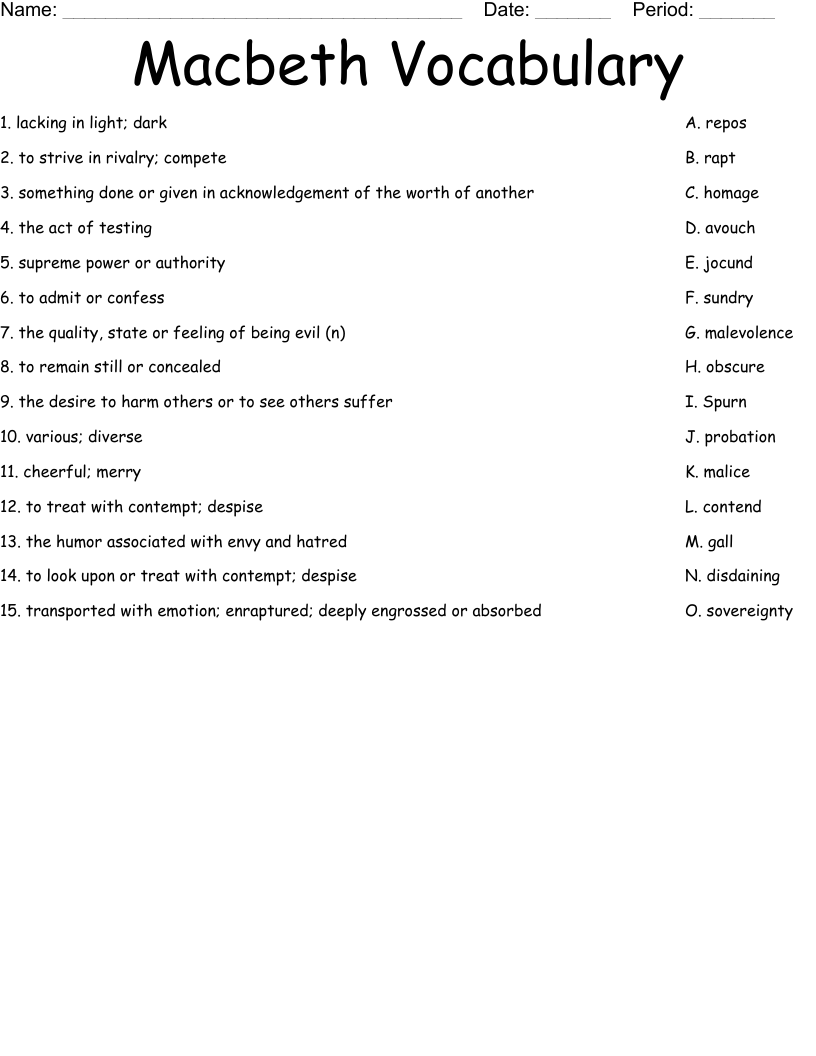 Macbeth Vocabulary  Worksheet