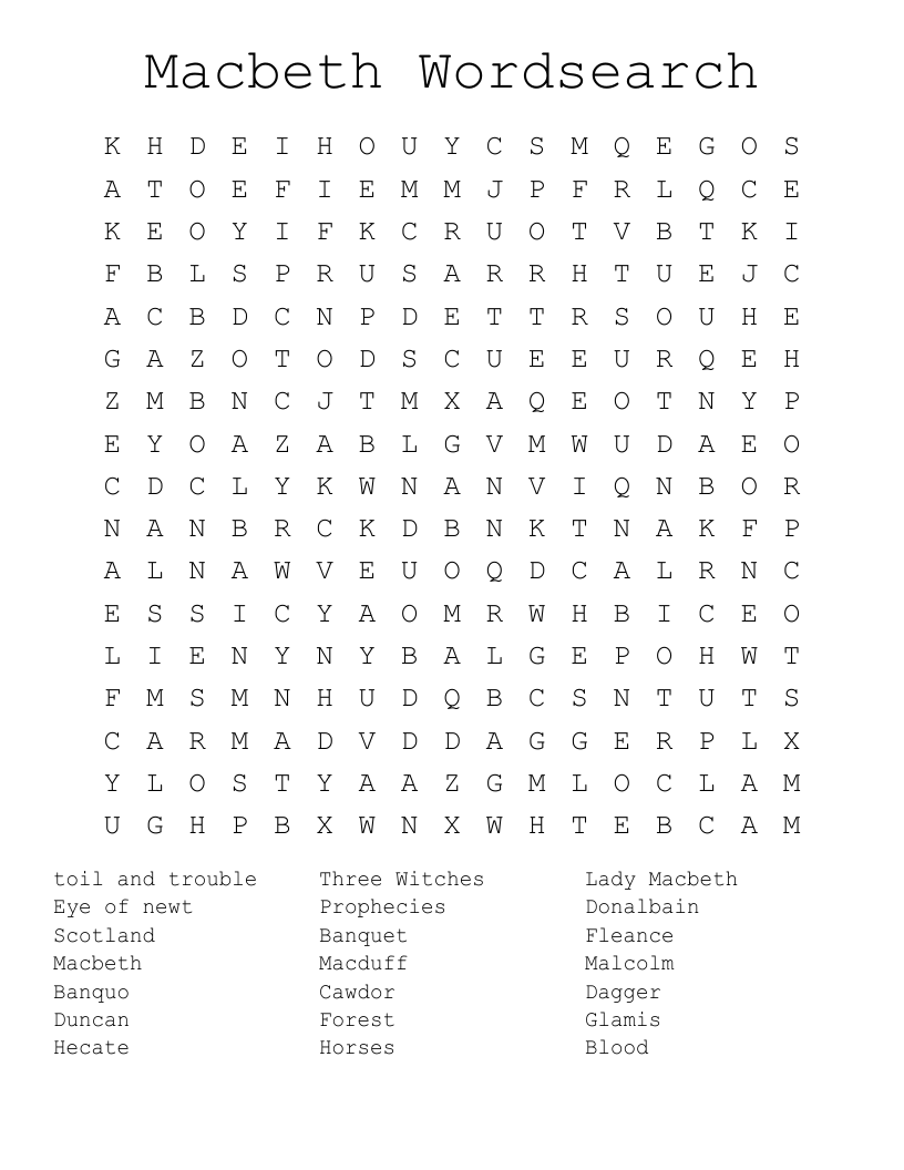 Macbeth Wordsearch