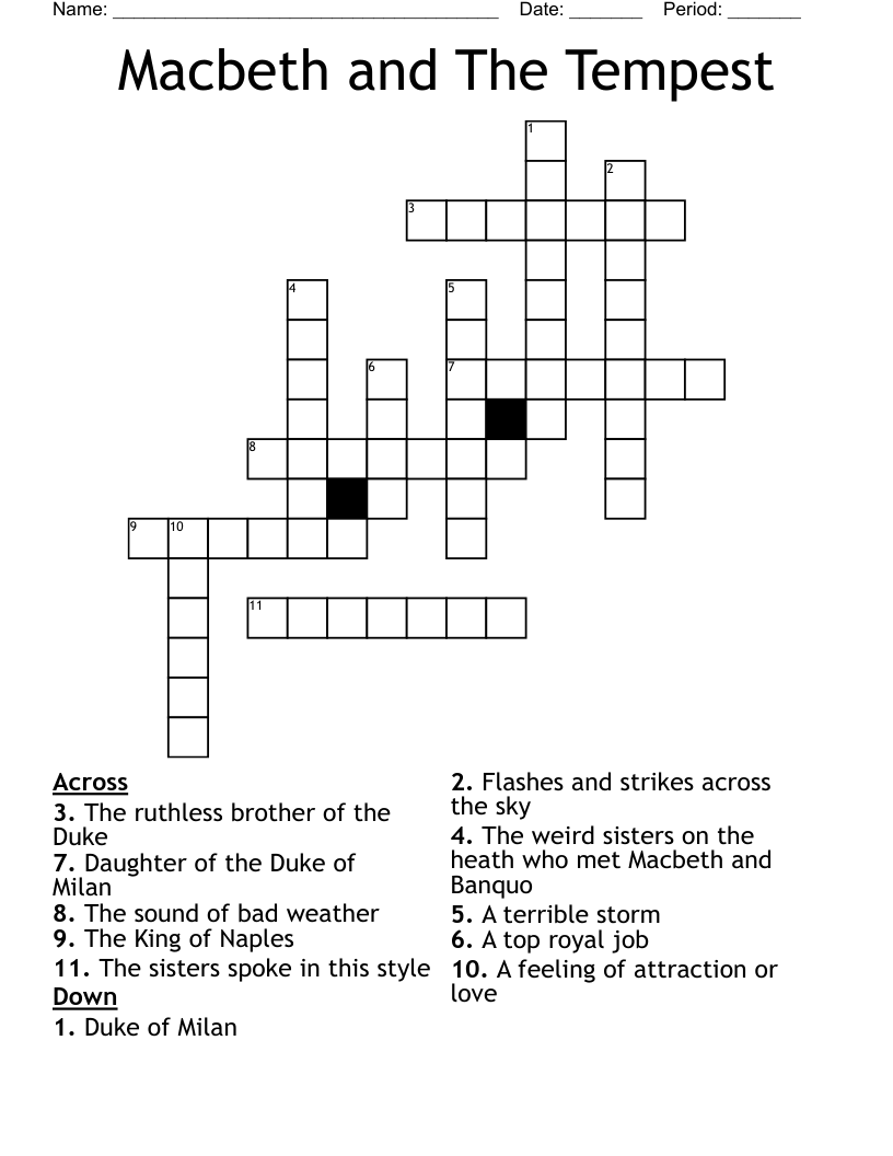 Macbeth and The Tempest Crossword