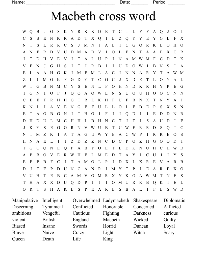 Macbeth cross word Word Search