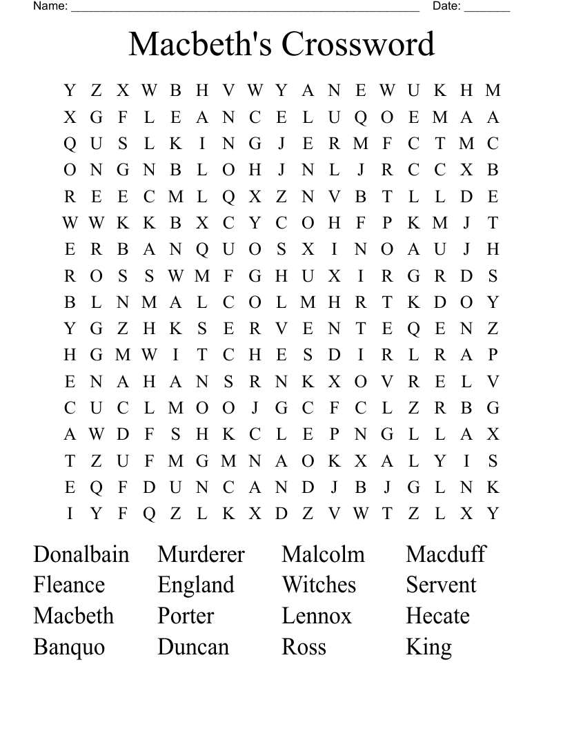 Macbeth's Crossword Word Search