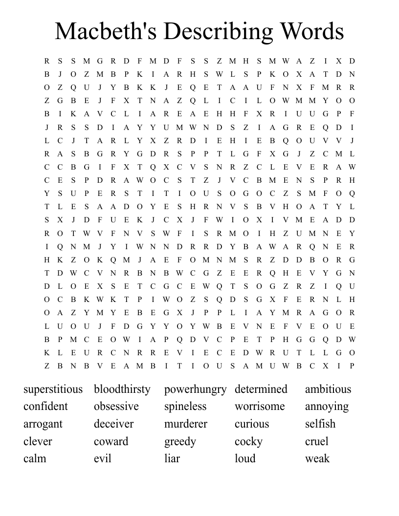Macbeth's Describing Words Word Search