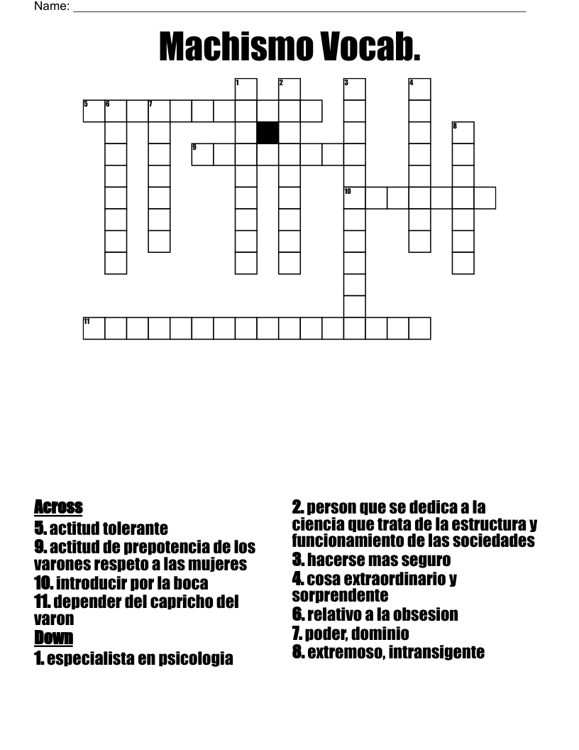 Machismo Vocab. Crossword