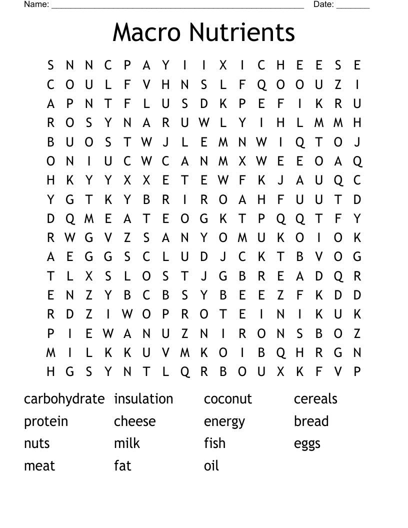 Macro Nutrients Word Search