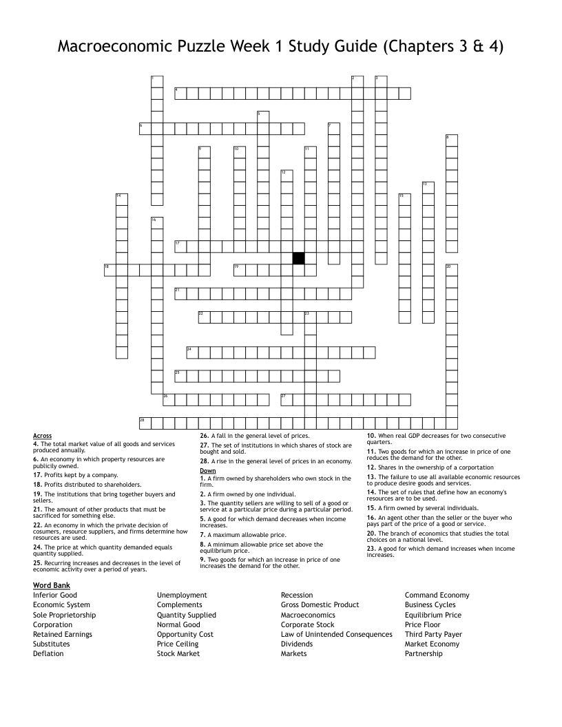 Macroeconomic Puzzle Week 1 Study Guide (Chapters 3 & 4) Crossword