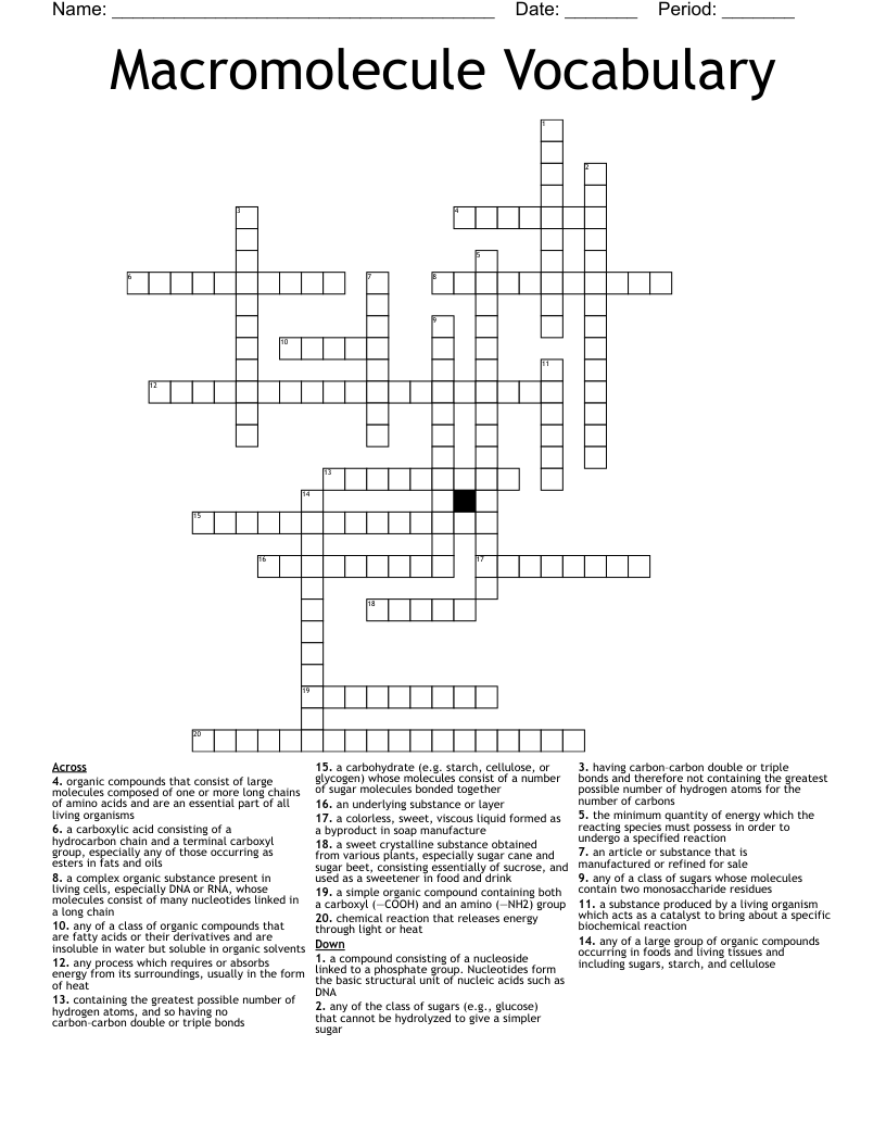 Macromolecule Vocabulary Crossword