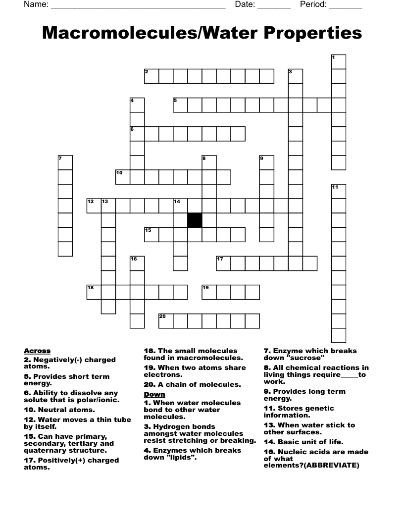 Macromolecules/Water Properties Crossword