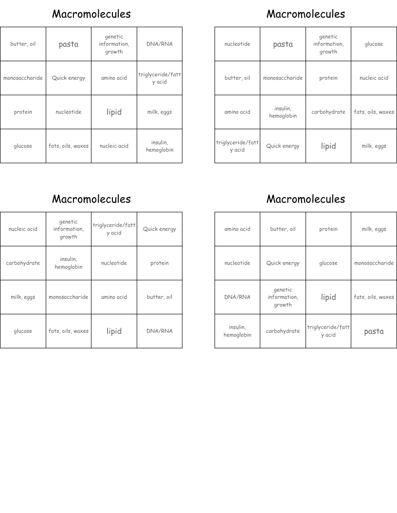 Macromolecules Bingo Cards