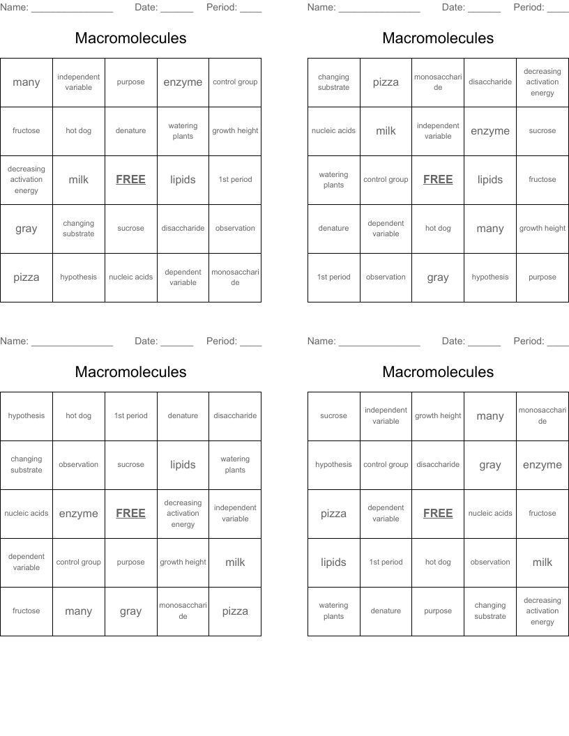 Macromolecules Bingo Cards