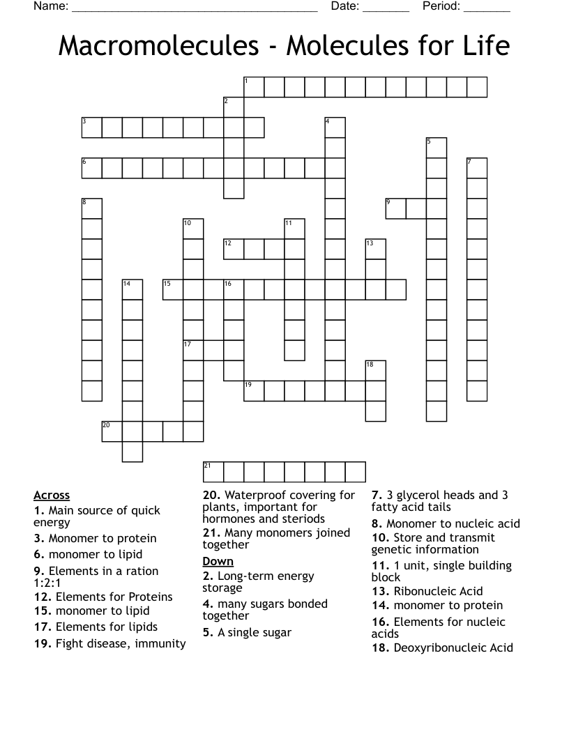 Macromolecules - Molecules for Life Crossword