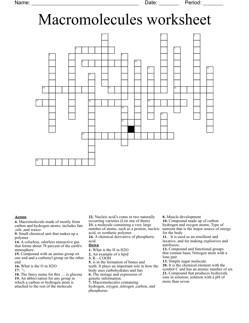 Macromolecules worksheet Crossword