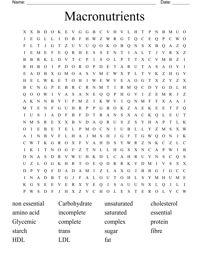 Macronutrients Word Search