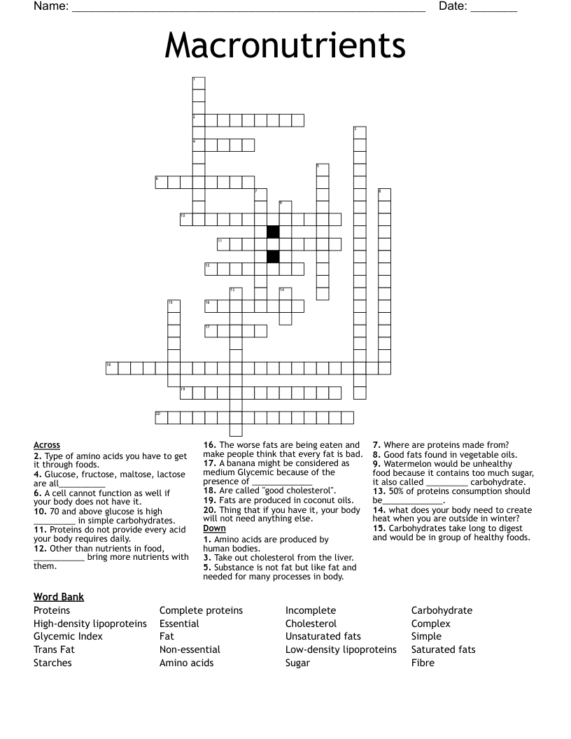 Macronutrients Crossword