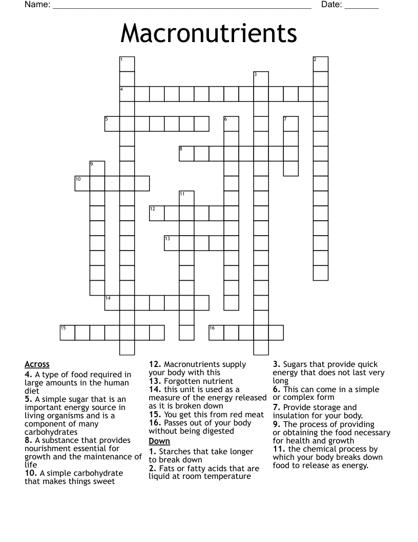 Macronutrients Crossword