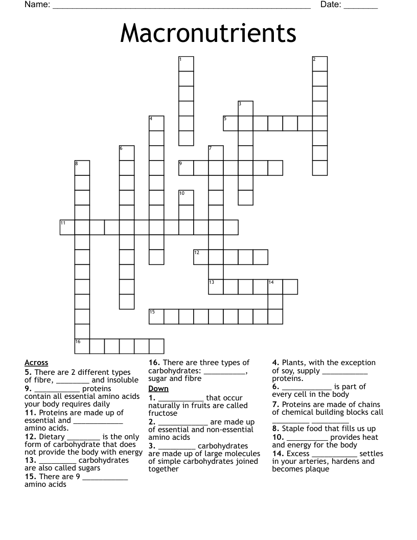 Macronutrients Crossword
