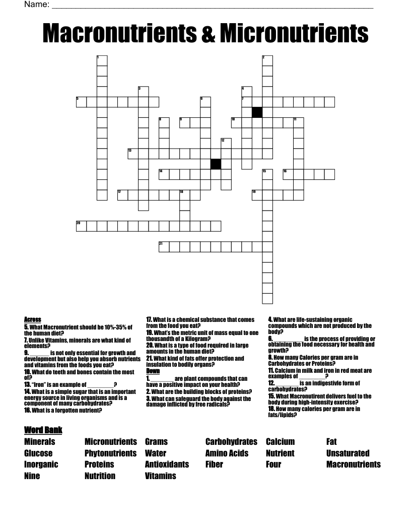 Macronutrients & Micronutrients Crossword