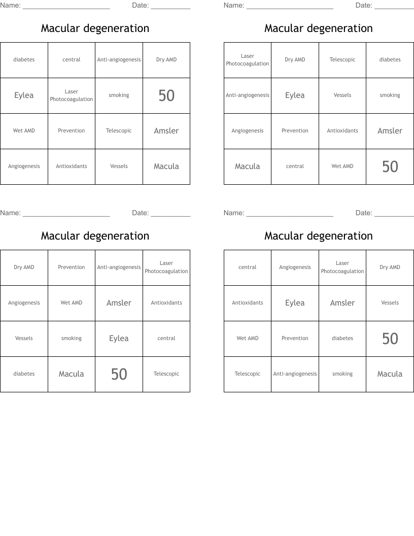 Macular degeneration  Bingo Cards