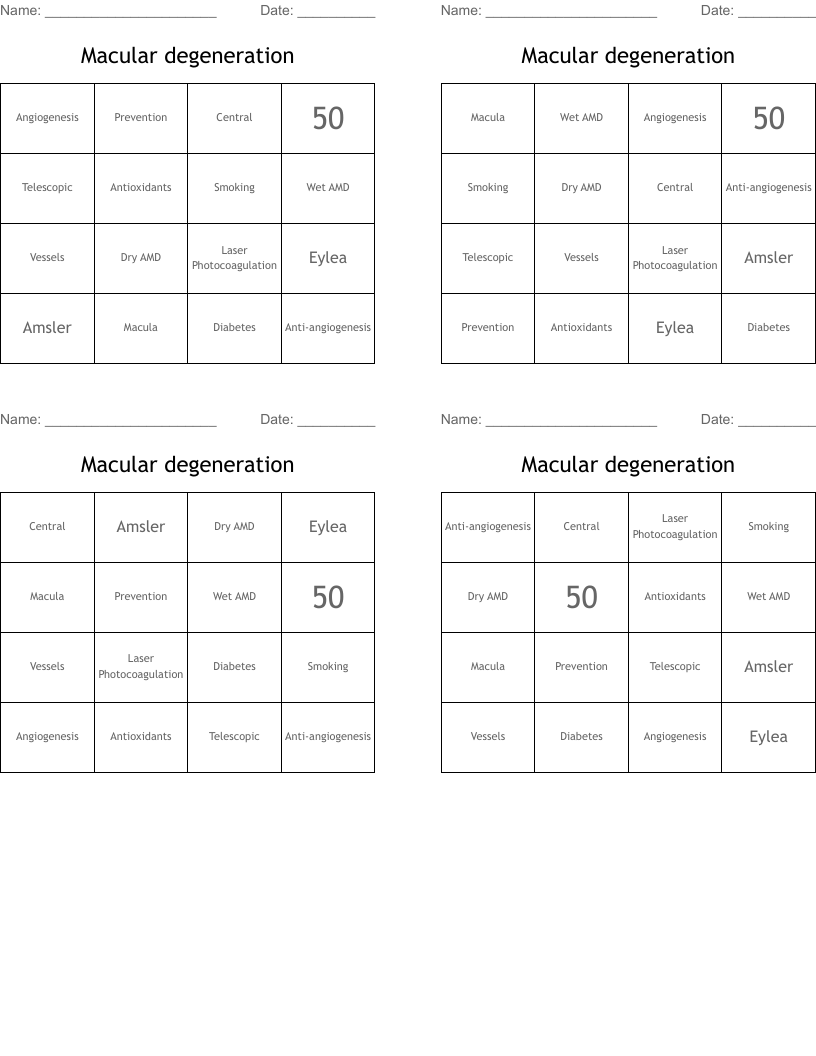 Macular degeneration  Bingo Cards