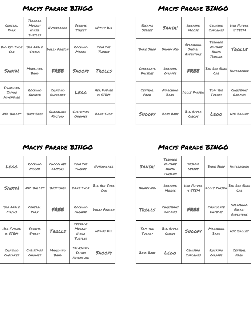 Macys Parade BINGO