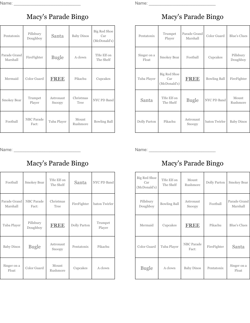 Macy's Parade Bingo