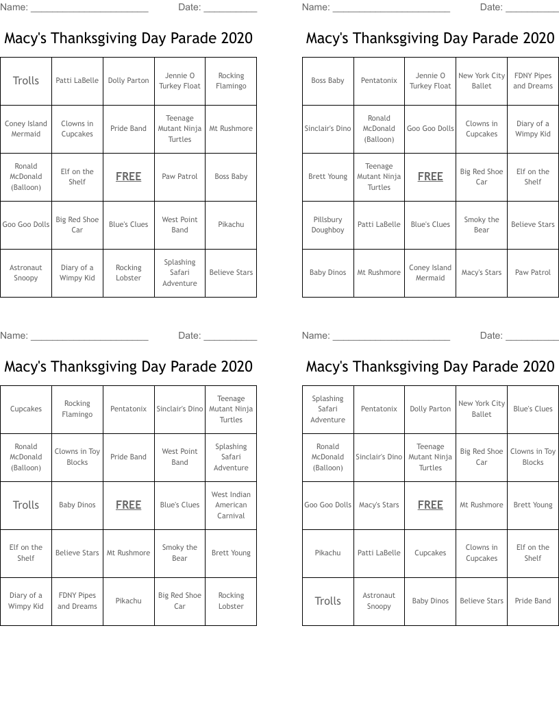 Macy's Thanksgiving Day Parade 2020 Bingo Cards