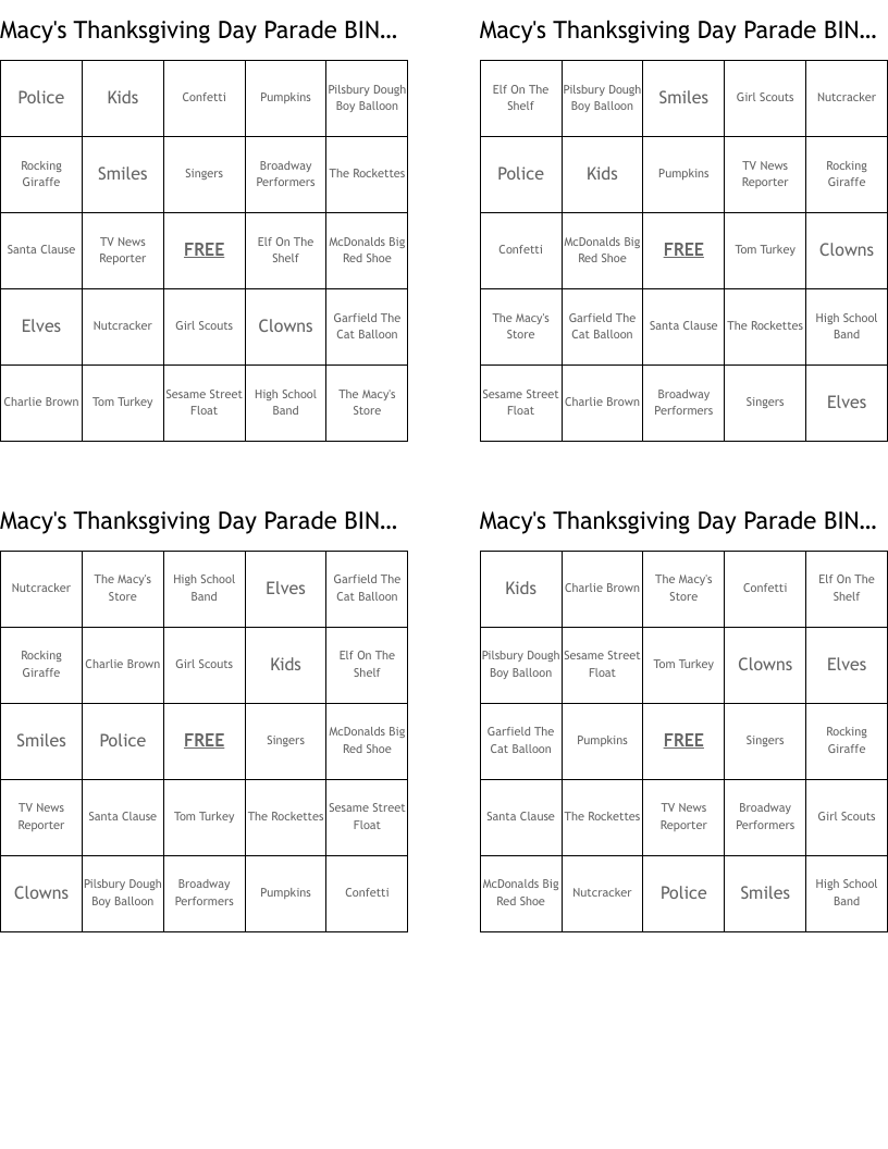 Macy's Thanksgiving Day Parade BINGO