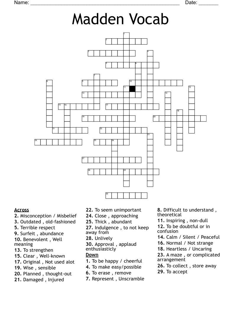 Madden Vocab Crossword