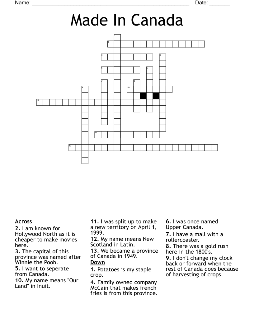 Made In Canada Crossword