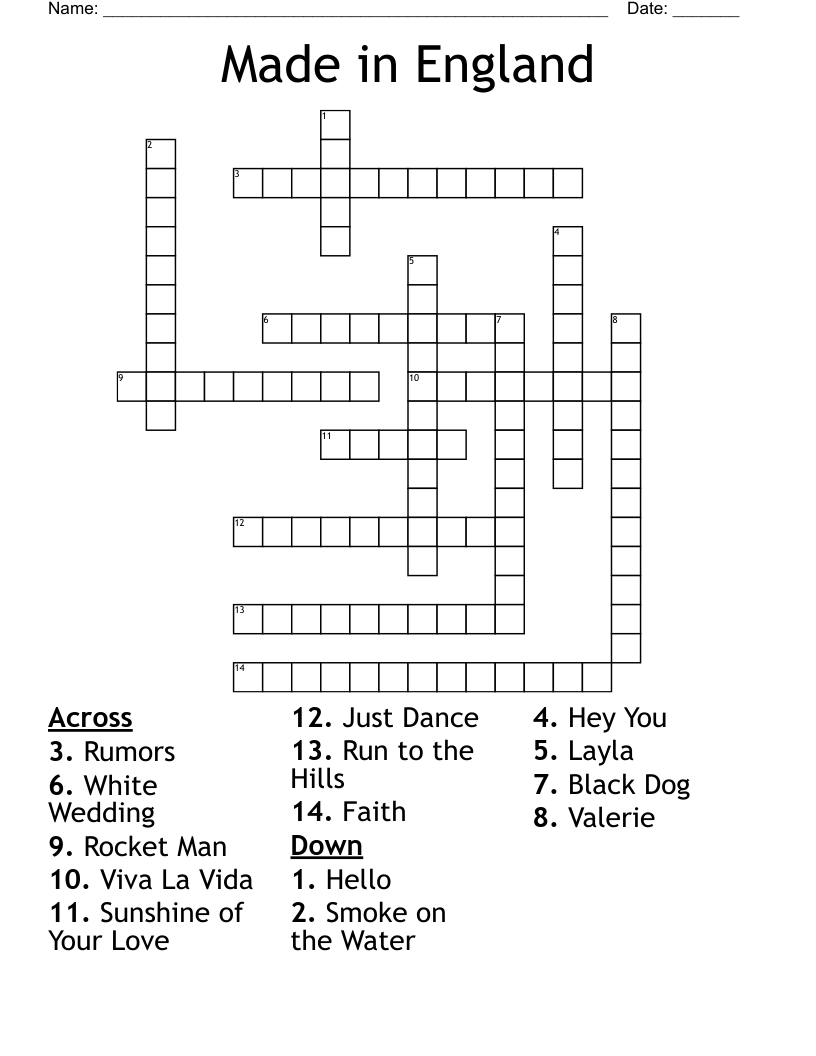 Made in England Crossword