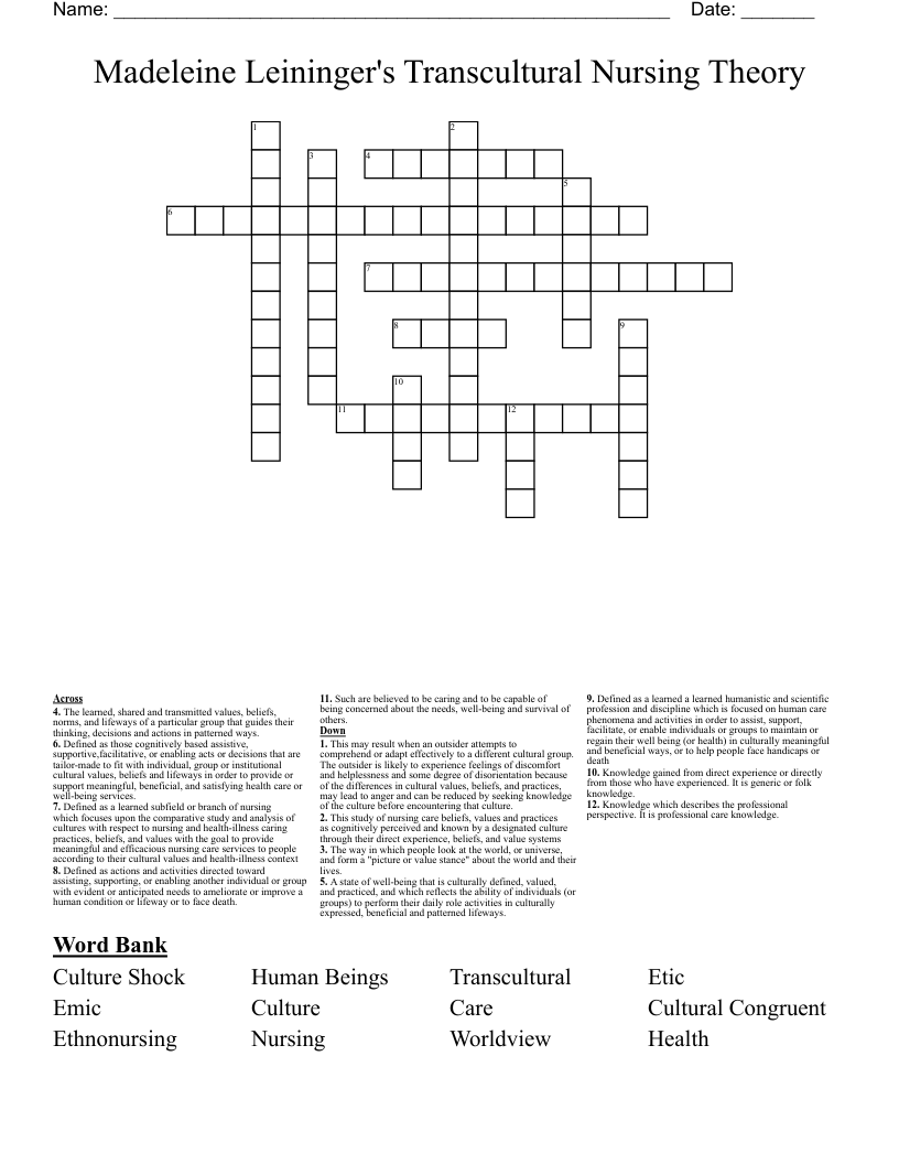 Madeleine Leininger's Transcultural Nursing Theory Crossword