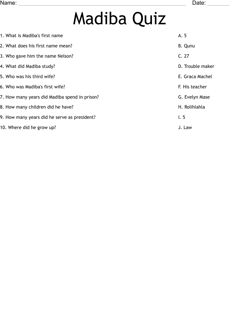 Madiba Quiz Worksheet