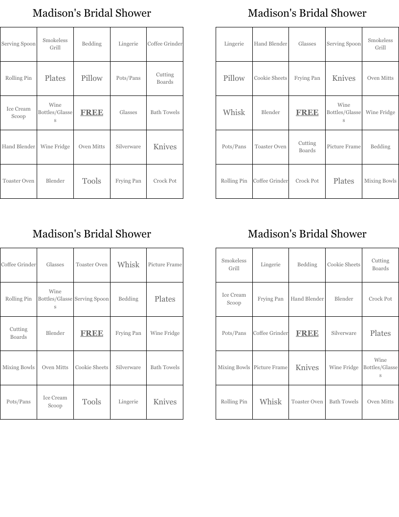 Madison's Bridal Shower Bingo Cards