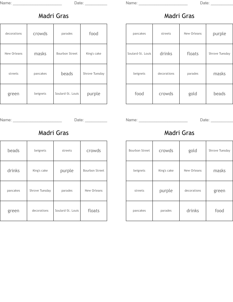 Madri Gras Bingo Cards