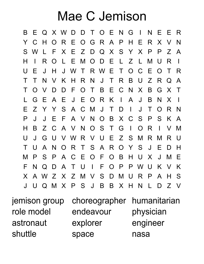 Mae C Jemison Word Search