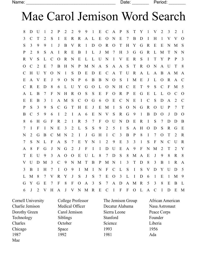 Mae Carol Jemison Word Search