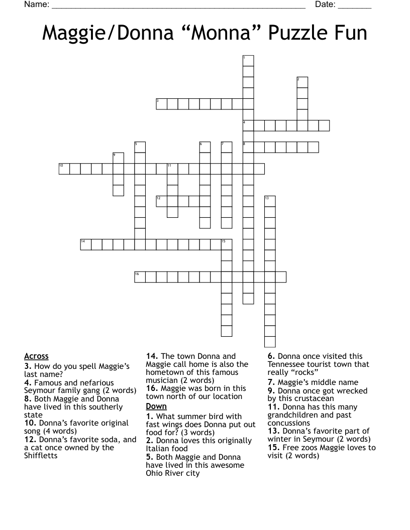 Maggie/Donna “Monna” Puzzle Fun Crossword