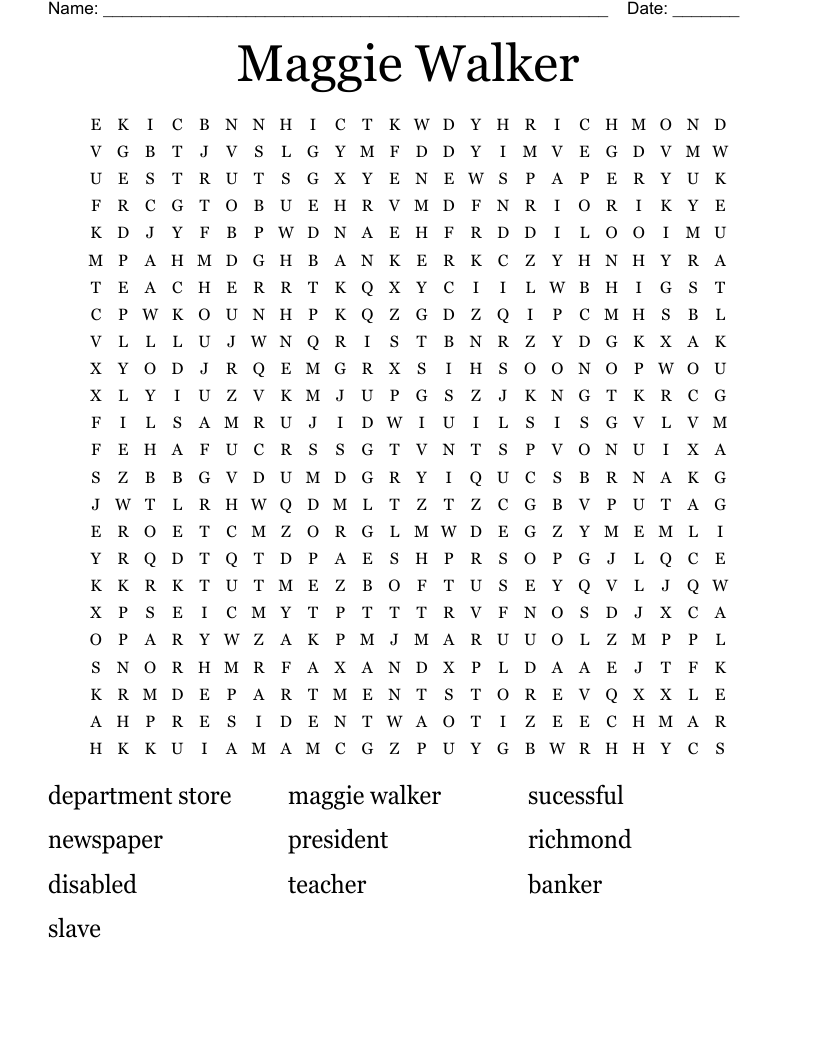 Maggie Walker Word Search