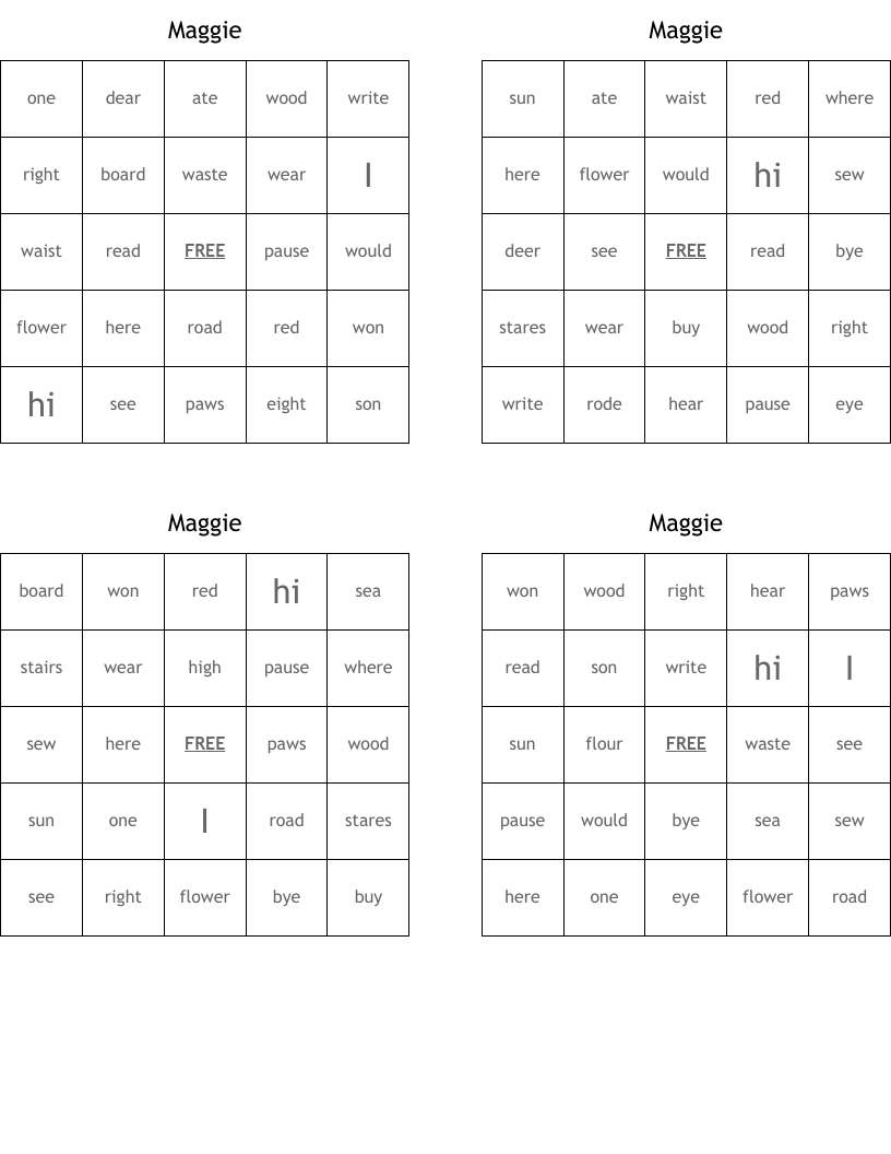 Maggie  Bingo Cards