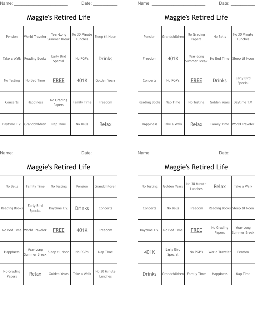 Maggie's Retired Life Bingo Cards