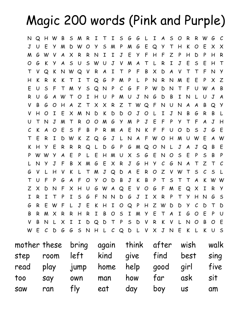 Magic 200 words (Pink and Purple) Word Search