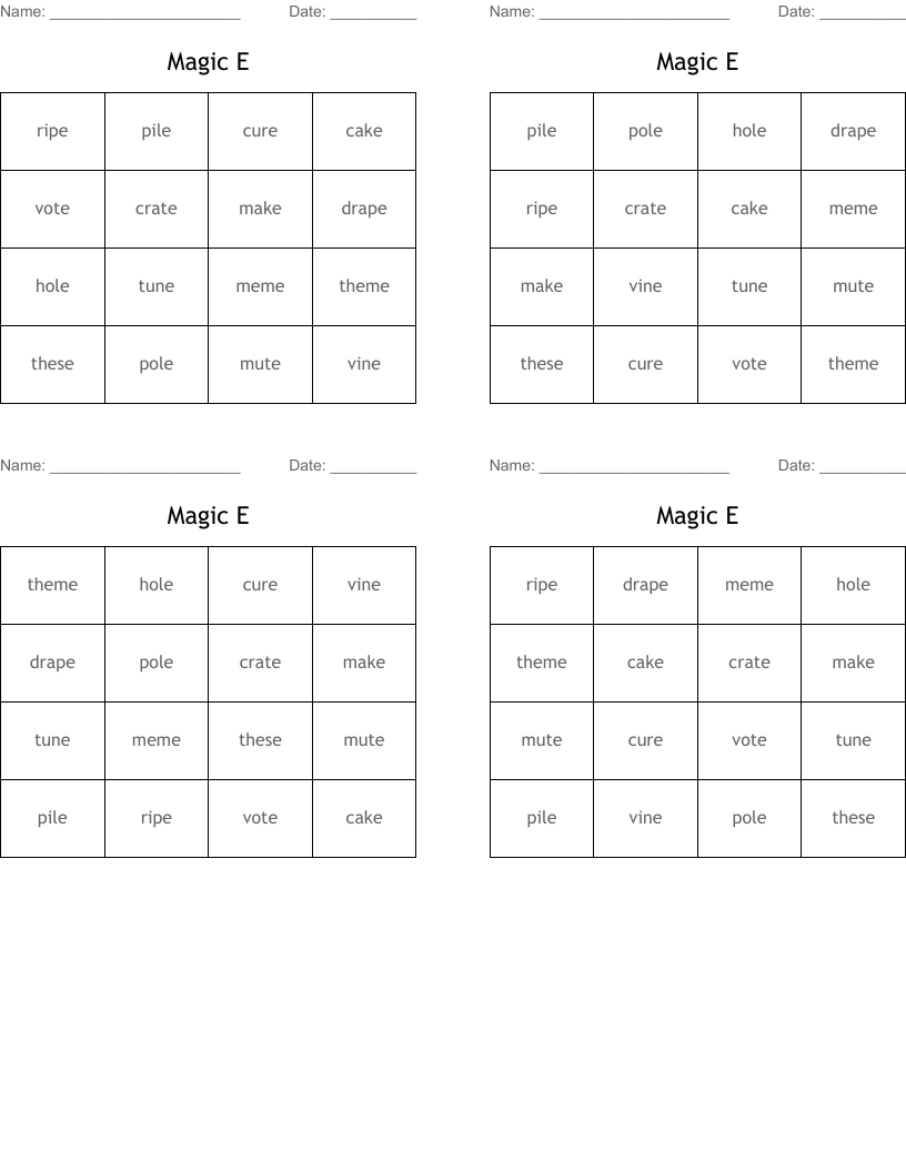 Magic E Bingo Cards