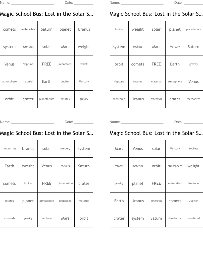 Magic School Bus: Lost in the Solar System Bingo Cards