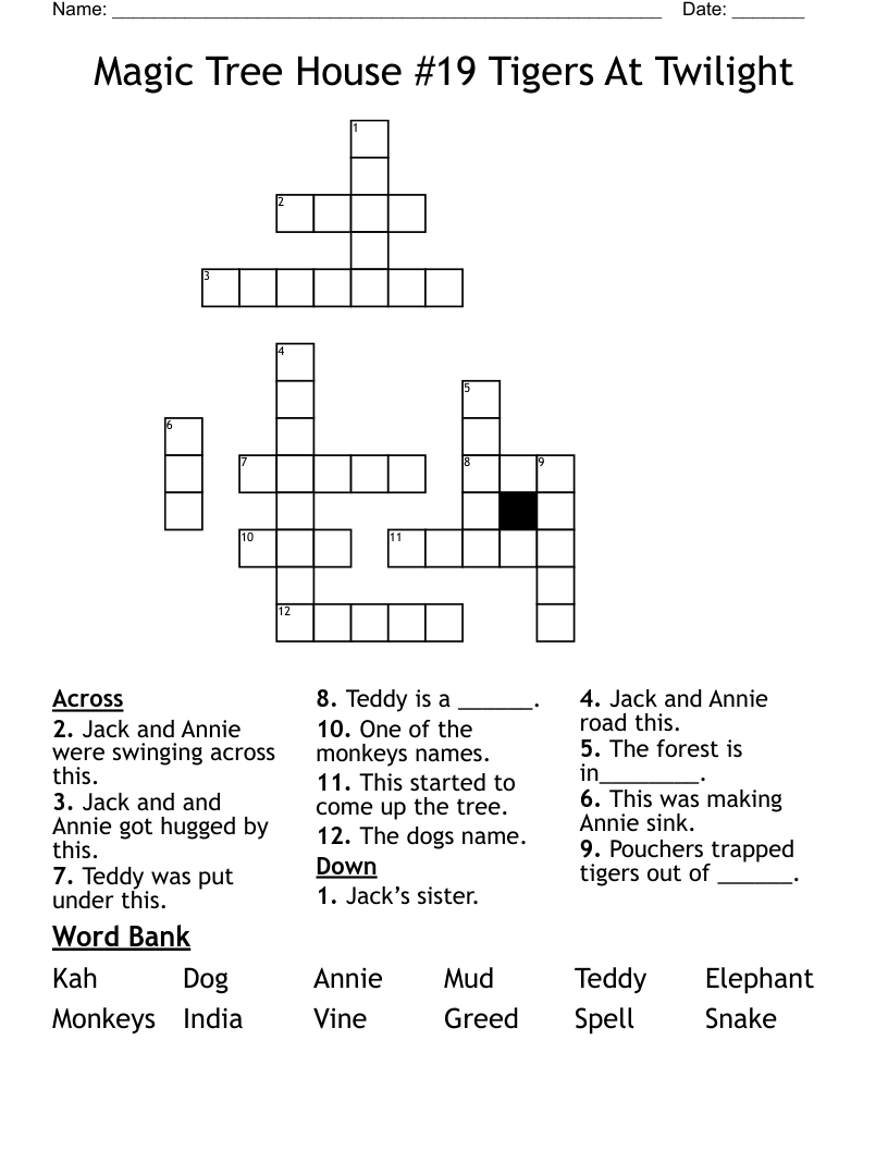 Magic Tree House #19 Tigers At Twilight Crossword