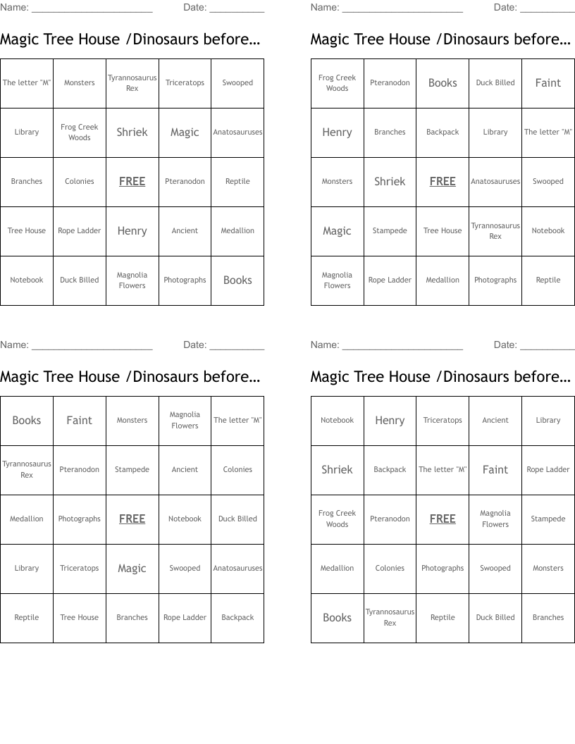 Magic Tree House /Dinosaurs before Dark   Bingo Cards