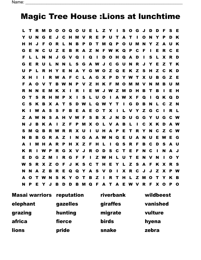 Magic Tree House :Lions at lunchtime Word Search