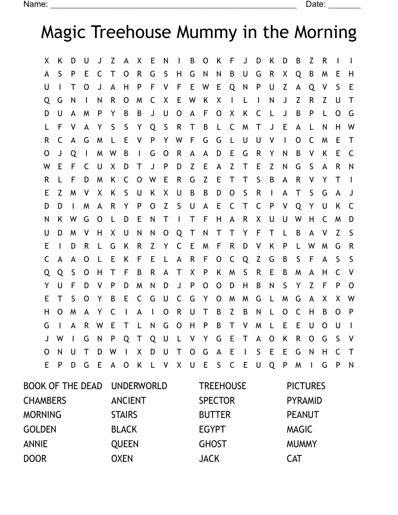 Magic Treehouse Mummy in the Morning Word Search