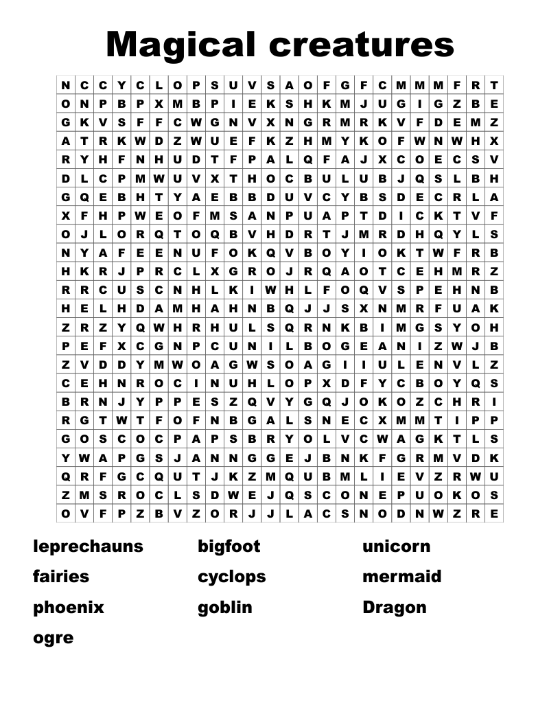 Magical creatures Word Search
